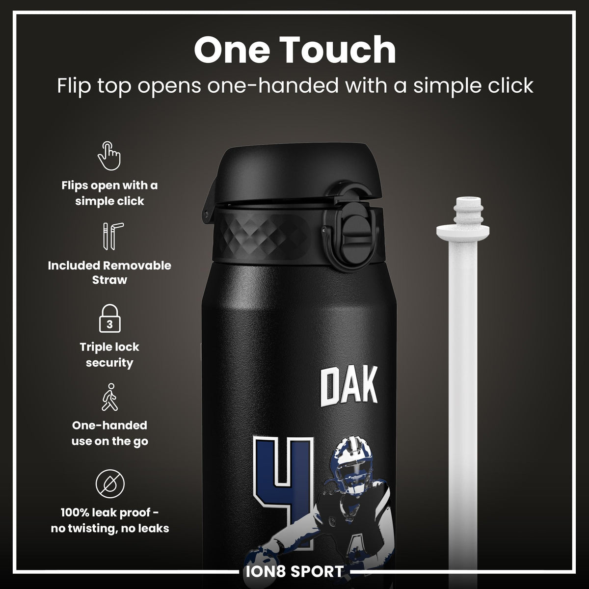 NFL x Ion8 Sports, Insulated Bottle, Locked In Series, Dak Prescott, 24oz