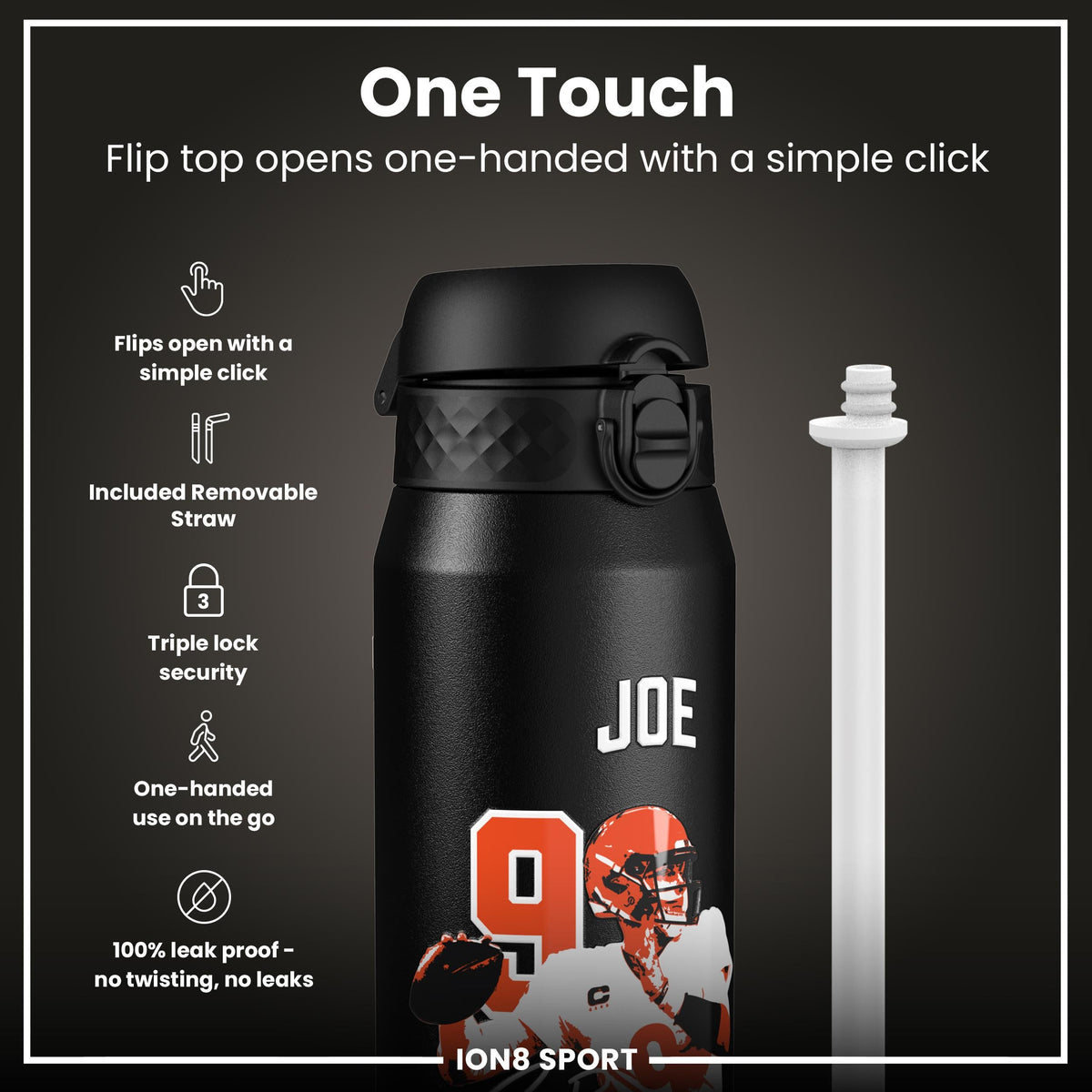 NFL x Ion8 Sports, Insulated Bottle, Locked In Series, Joe Burrow, 24oz