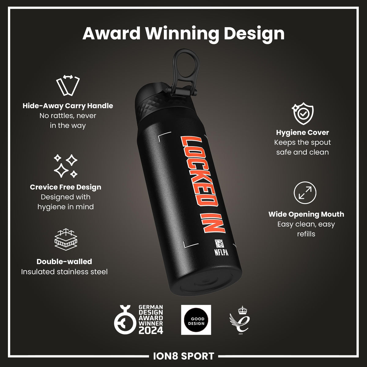 NFL x Ion8 Sports, Insulated Bottle, Locked In Series, Joe Burrow, 24oz