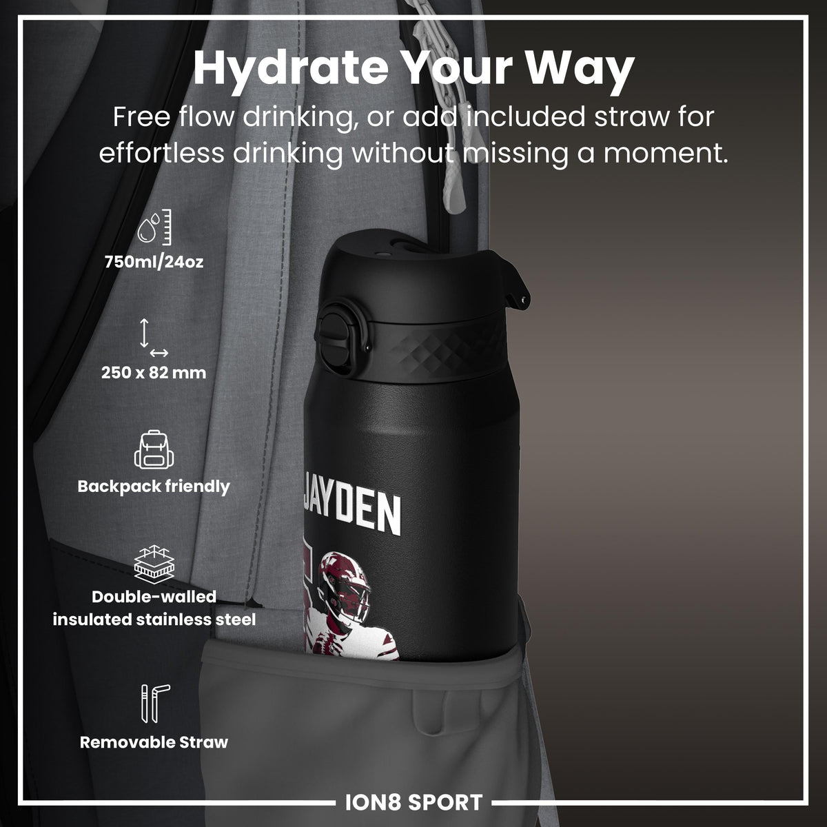 NFL x Ion8 Sports, Insulated Bottle, Locked In Series, Jayden Daniels, 24oz