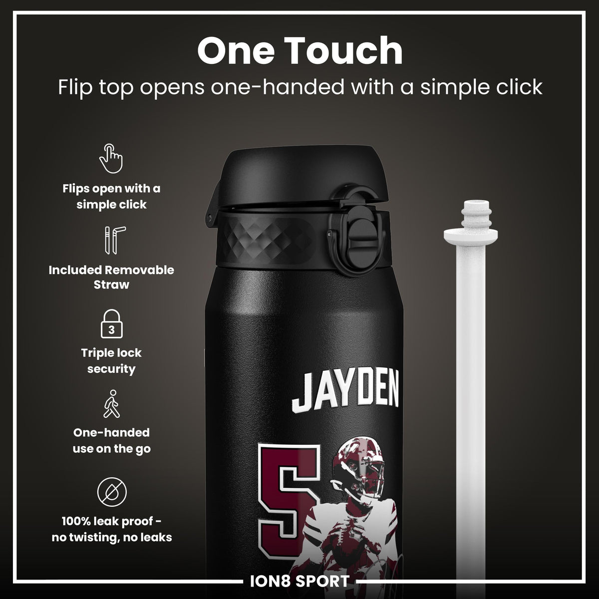 NFL x Ion8 Sports, Insulated Bottle, Locked In Series, Jayden Daniels, 24oz