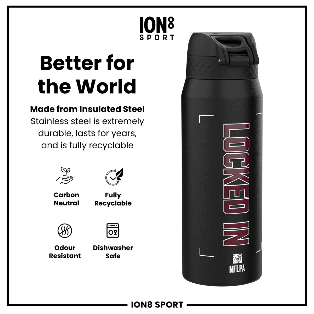 NFL x Ion8 Sports, Insulated Bottle, Locked In Series, Jayden Daniels, 24oz