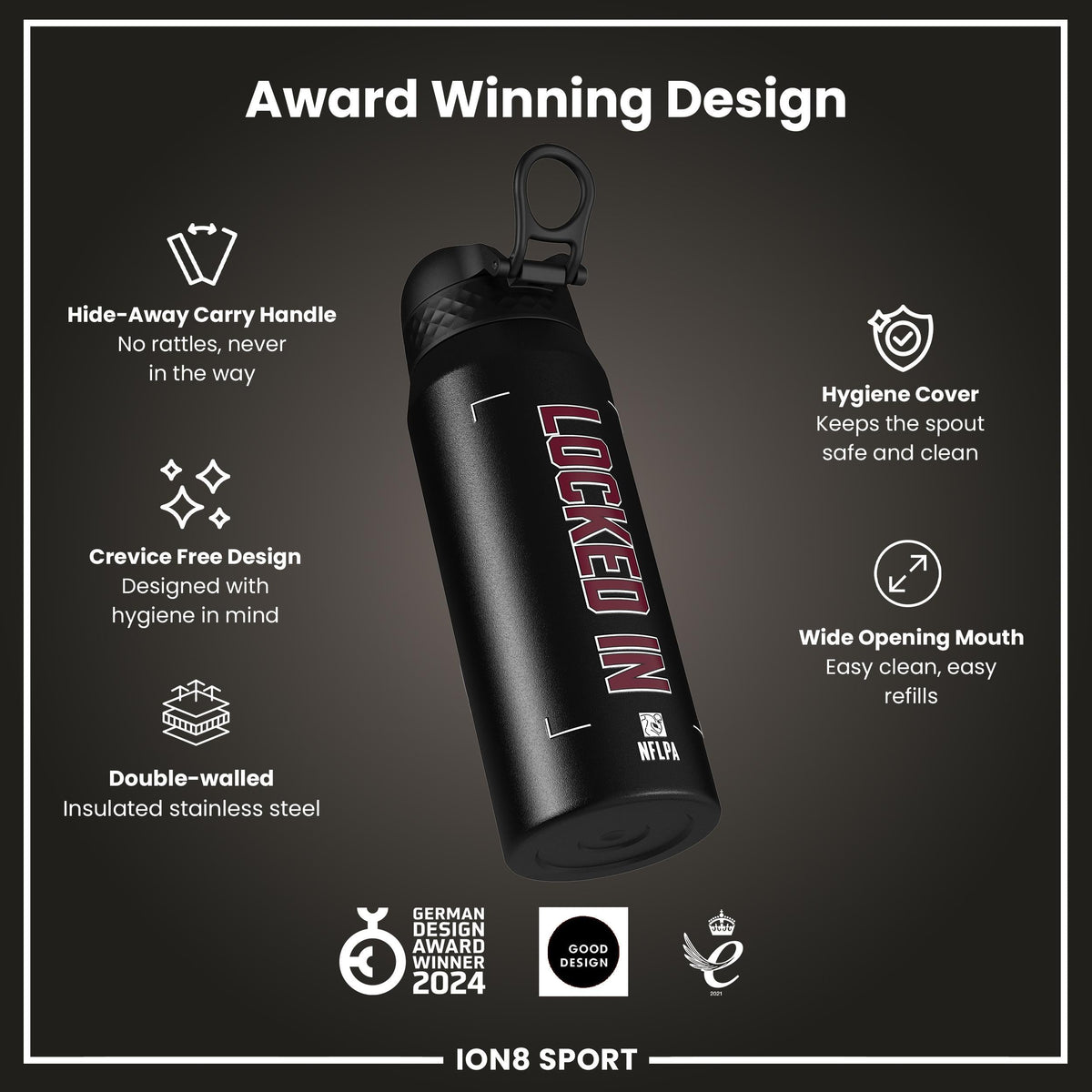 NFL x Ion8 Sports, Insulated Bottle, Locked In Series, Jayden Daniels, 24oz