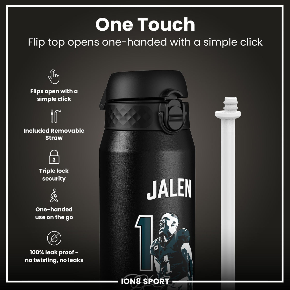 NFL x Ion8 Sports, Insulated Bottle, Locked In Series, Jalen Hurts, 24oz