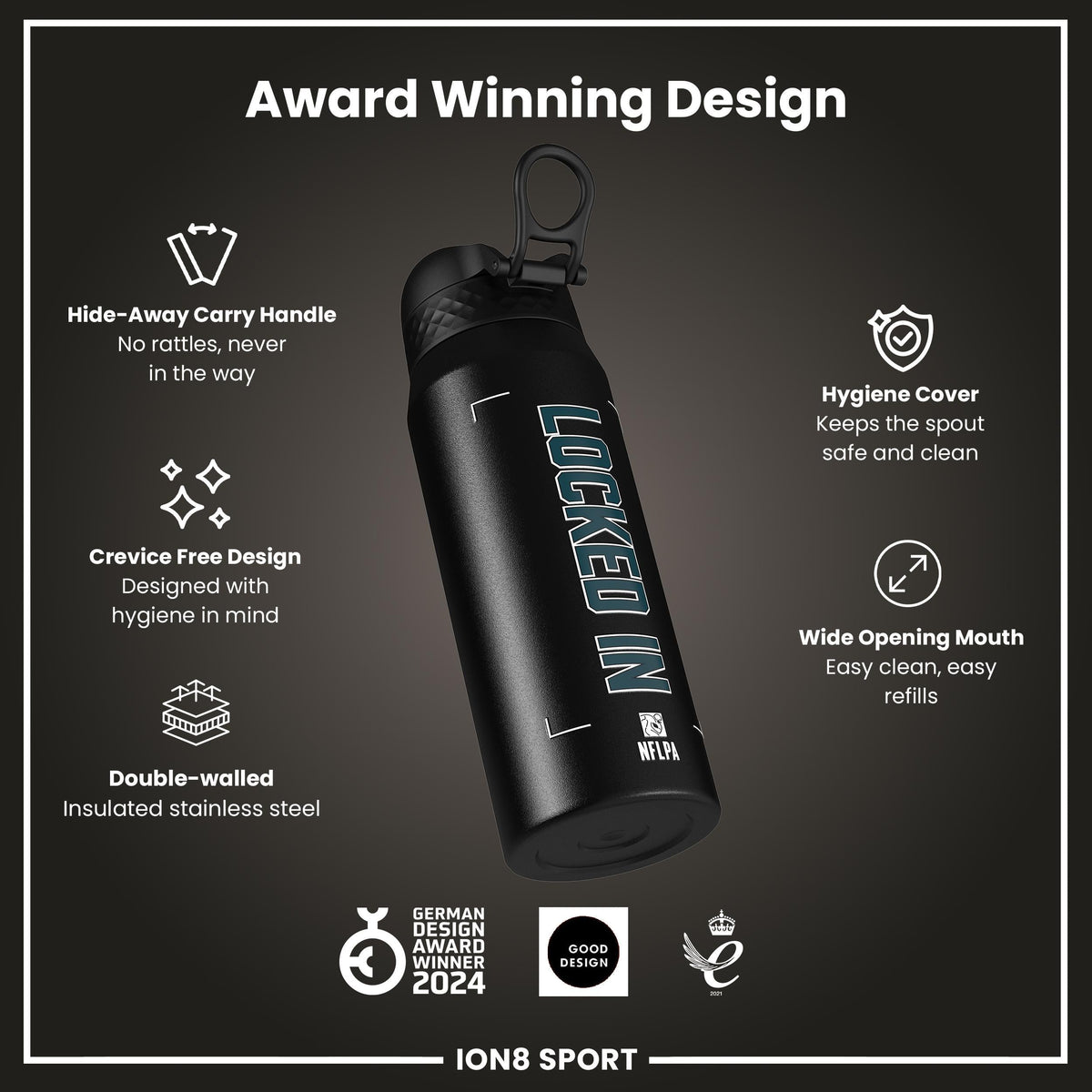 NFL x Ion8 Sports, Insulated Bottle, Locked In Series, Jalen Hurts, 24oz