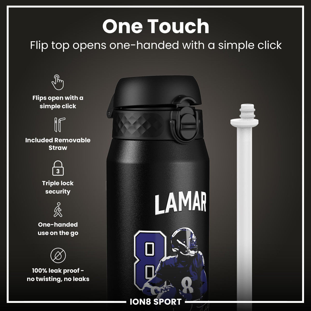 NFL x Ion8 Sports, Insulated Bottle, Locked In Series, Lamar Jackson, 24oz