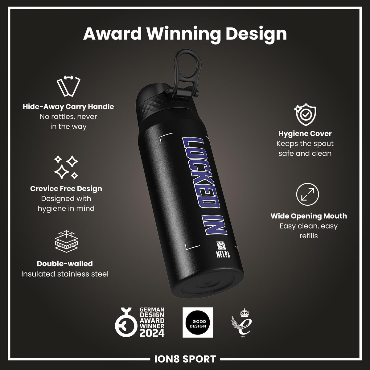 NFL x Ion8 Sports, Insulated Bottle, Locked In Series, Lamar Jackson, 24oz