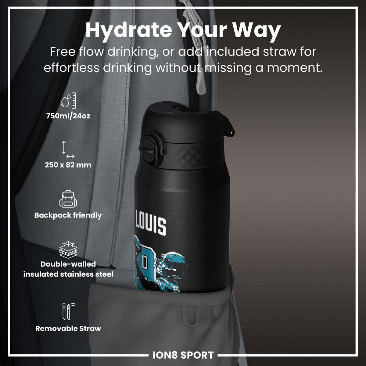NFL x Ion8 Sports, Insulated Bottle, Locked In Series, Ress-Zammit, 24oz