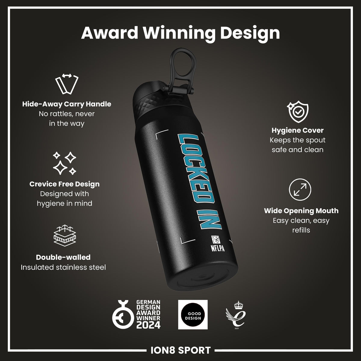 NFL x Ion8 Sports, Insulated Bottle, Locked In Series, Ress-Zammit, 24oz