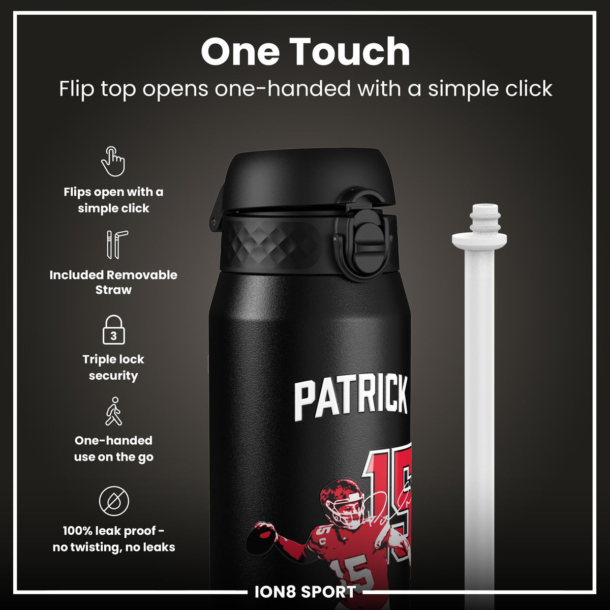 NFL x Ion8 Sports, Insulated Bottle, Locked In Series, Patrick Mahomes, 24oz