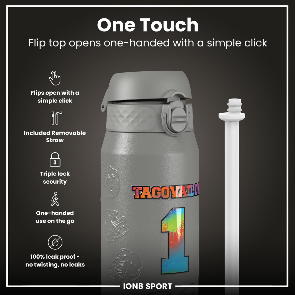 NFL x Ion8 Sports, Insulated Bottle, Signature Series, Tua Tagovailoa, 24oz